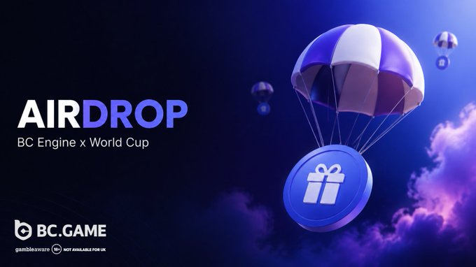 Purple promotional banner for BC.GAME advertising an 'AIRDROP - BC Engine x World Cup' featuring parachuting gift tokens.