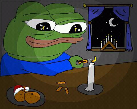 A cartoon shows Pepe the Frog in a blue sweater lighting a candle by a window showing a crescent moon, with cookies on a plate nearby.