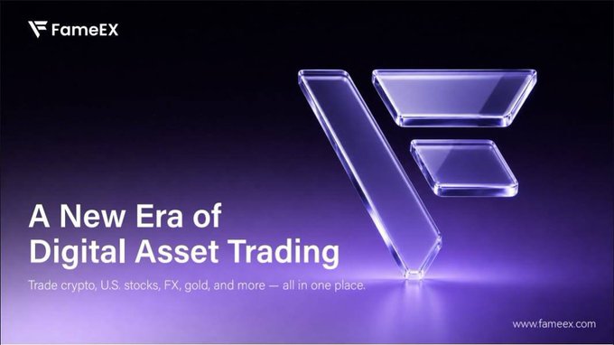A promotional banner for FameEX cryptocurrency exchange featuring its purple 3D "F" logo against a dark purple gradient background, with the tagline "A New Era of Digital Asset Trading" and "Trade crypto, U.S. stocks, FX, gold, and more — all in one place," alongside the website www.fameex.com. The image visually reinforces the post's message by presenting FameEX as a legitimate, comprehensive trading platform offering the fast execution, low fees, derivatives, copy trading, and rewards advertised.