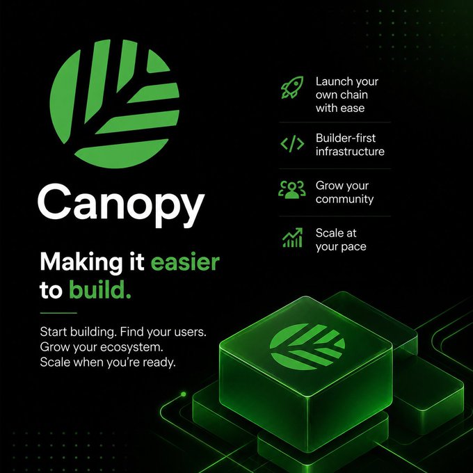 A promotional graphic for 'Canopy' with the tagline 'Making it easier to build,' featuring a green leaf logo and listing features like 'Launch your own chain with ease' and 'Builder-first infrastructure' in a dark tech aesthetic.