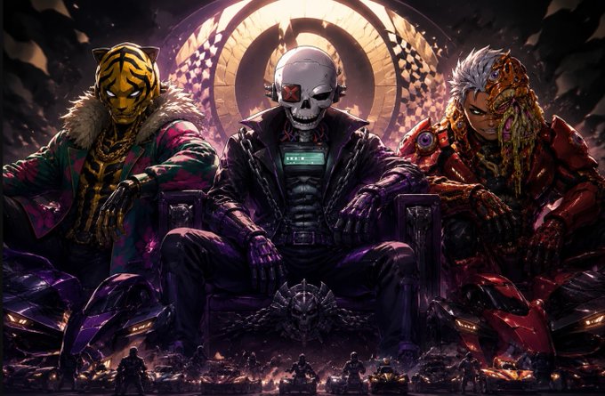 A trio of edgy, cyberpunk-styled figures sit on dark thrones, the central character bearing a skull-like visage, flanked by characters in a tiger mask and cybernetic enhancement, evoking a sense of dark power and rebellion. This imagery of a formidable, almost villainous NFT ruling class visually supports the post's declaration of "Make NFT's Great Again!" by suggesting a bold new era of dominance and innovation beyond simple JPEGs.