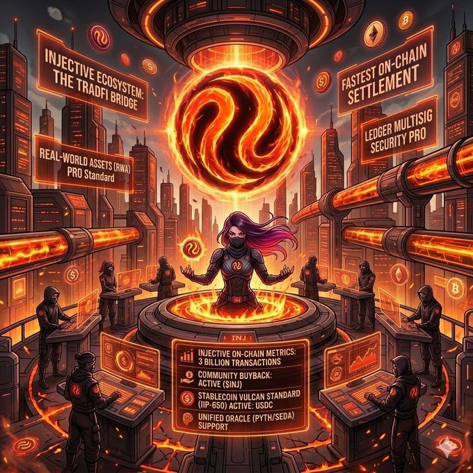 The image features a woman with purple hair, surrounded by a group of people who appear to be working at computers or using devices. The setting appears to be an office environment, as there are multiple computer monitors present. The background of the image is filled with orange flames and buildings, creating a futuristic atmosphere. The post that accompanies this image is titled "Nhanh hơn, rẻ hơn, bảo mật hơn - Đó là những gì bản nâng cấp Vulcan Mainnet Upgrade sẽ mang lại cho @injective $INJ sắp bùng nổ: Phí Gas giá". The image and its context are related to the post, as it is a visual representation of an office environment with people working at computers.