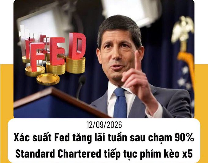 A news graphic dated "12/09/2026" showing a man speaking at a podium next to "FED" text made of gold coins, with Vietnamese text translating to "Fed interest rate hike probability next week nears 90%, Standard Chartered continues to predict x5."