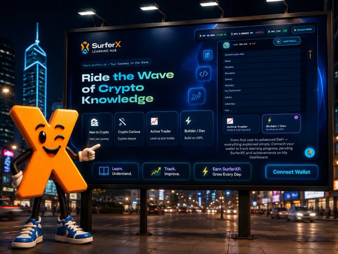 A promotional billboard for 'SurferX Learning Hub' featuring a cartoon 'X' mascot in sneakers, advertising crypto knowledge learning with categories like 'New to Crypto', 'Crypto Curious', 'Active Trader', and 'Builder/Dev'.