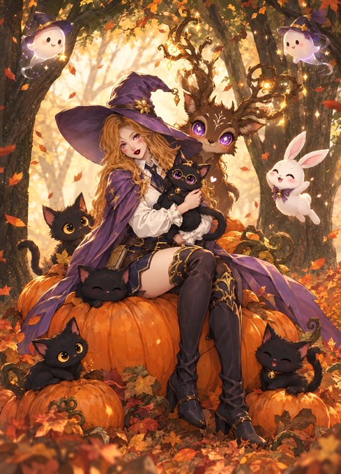 An illustration of a girl in a purple witch hat and outfit sitting on a pile of pumpkins in an autumn forest, surrounded by black cats, a white rabbit, and a deer with glowing antlers.