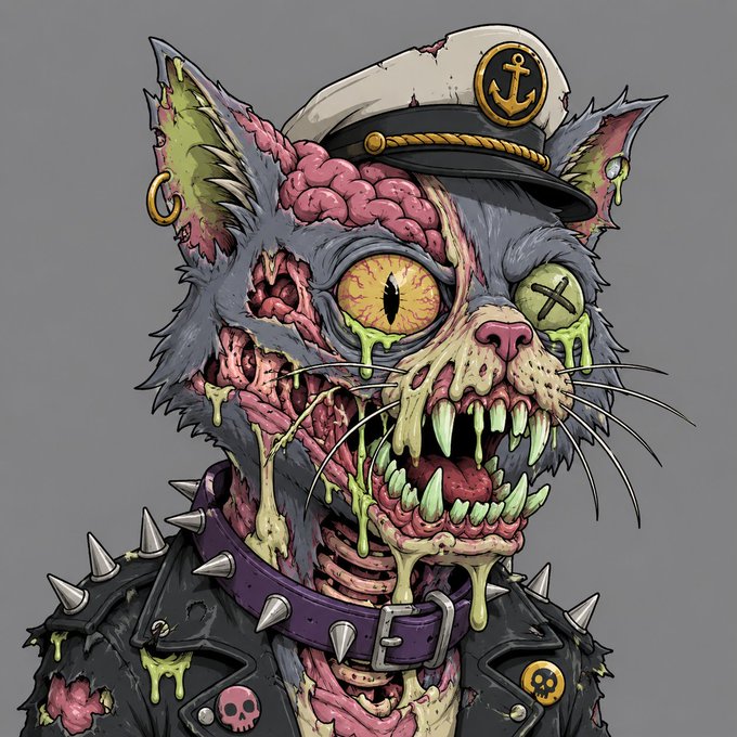 The image features a cat with a face painted like a human wearing a pirate's hat and a leather jacket. The cat has a skull and crossbones tattoo, giving it a gothic appearance. The cat also has a bandana on its head that matches the pirate theme of the outfit. The cat is wearing a captain's hat, adding to the overall gothic look.