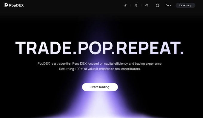 The PopDEX website homepage featuring the headline 'TRADE.POP.REPEAT.' describing it as a 'trader-first Perp DEX' with a 'Start Trading' button.