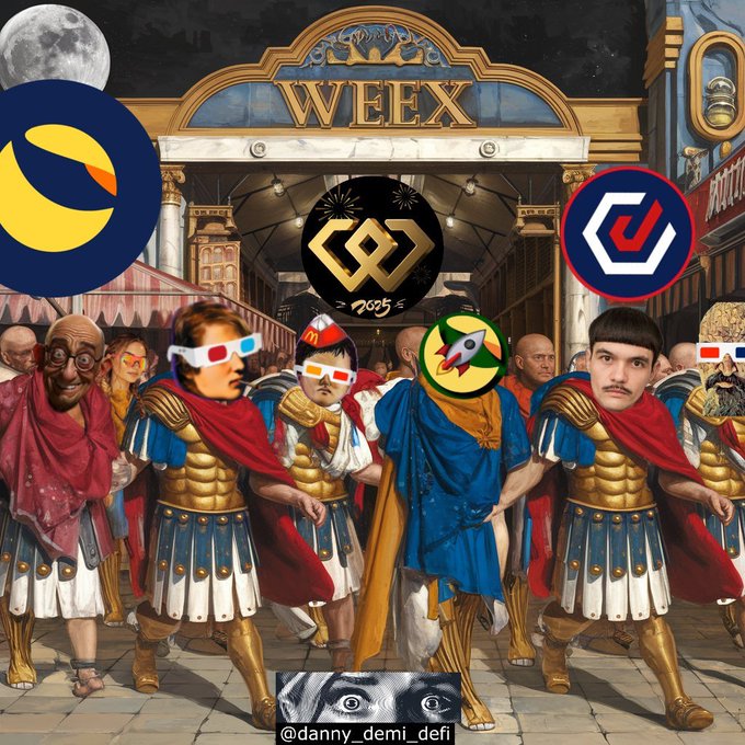 Collage featuring Roman soldiers with faces edited onto them, 3D movie glasses, and crypto logos (WEEX, etc.) under a full moon.