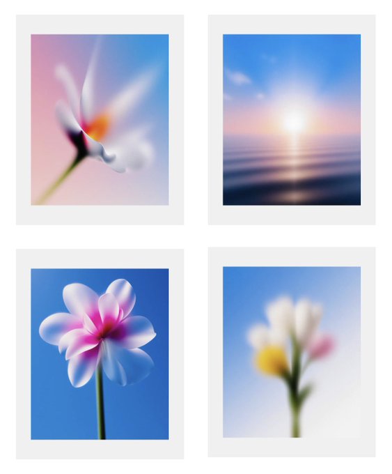 A collection of four pastel-toned photographs featuring close-up flowers and a seascape, all with a soft, dreamy blur effect.