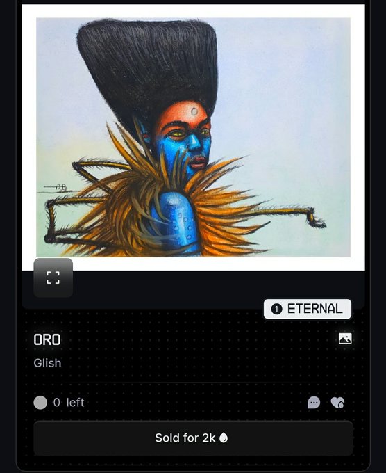 An NFT listing titled 'ORO' by artist 'Glish' showing an artistic blue-skinned figure with elaborate hair, sold for 2k ETH (Eternal tier)
