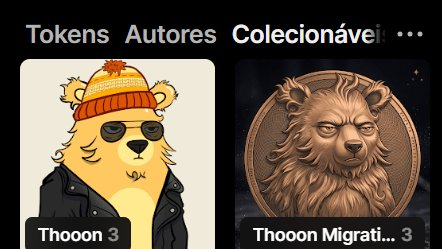 A screenshot of a NFT collection page showing two bear-themed digital assets labeled 'Thoooon 3' and 'Thoooon Migrati...' under a navigation menu with options 'Tokens Autores Colecciónáveis'.