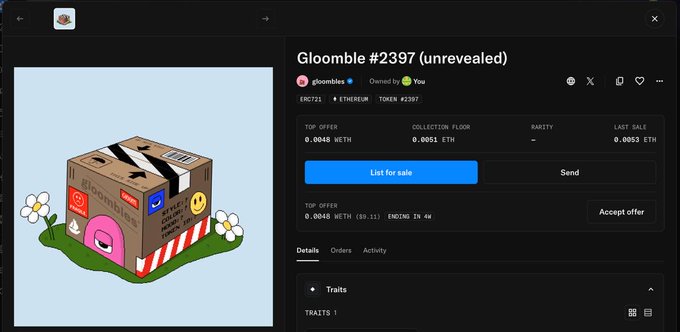 A digital NFT listing page displays "Gloombie #2397 (unrevealed)" from the Gloombies collection, owned by "You," with a top offer of 0.0048 ETH and a last sale of 0.0053 ETH. The whimsical 3D cardboard box illustration with smiley face and flowers relates to the post announcing the recent minting of the unrevealed Gloombies NFT, now ready to be sent.
