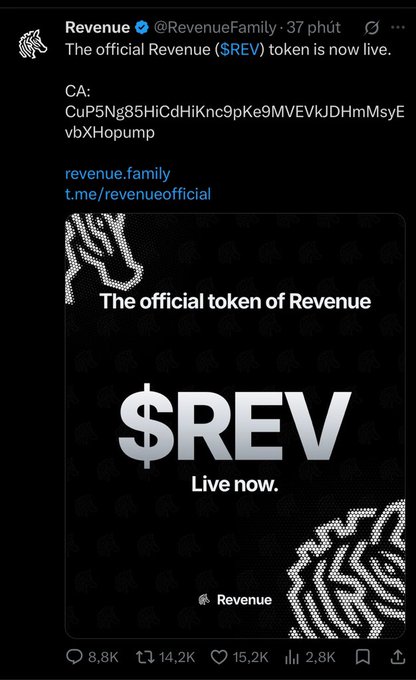 A tweet from @RevenueFamily announcing 'The official Revenue ($REV) token is now live' with a contract address and promotional graphic.