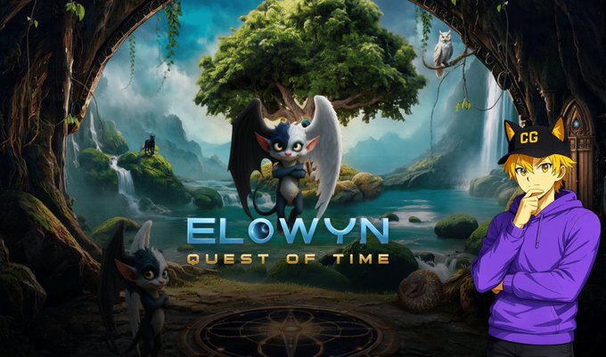 A promotional graphic for 'ELOWYN QUEST OF TIME' featuring fantasy creatures, a forest scene, waterfalls, and an animated character wearing a purple hoodie and a 'CG' cap.