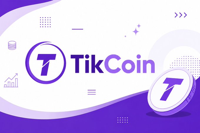 A purple and white promotional graphic for "TikCoin" featuring a stylized "T" logo on a coin, alongside decorative icons like sparkles, charts, and coin stacks. The image visually represents the TikCoin cryptocurrency project, complementing the post's message about token distribution and the often-overvalued nature of widely distributed tokens.