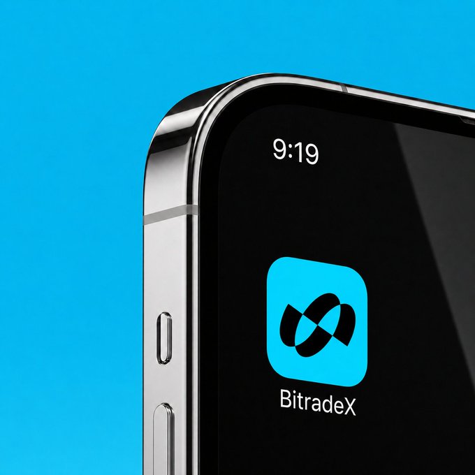 A sleek smartphone displays the "BitradeX" app icon prominently on its home screen, with the time reading 9:19, set against a vibrant blue background—fittingly highlighting it as a favorite app.