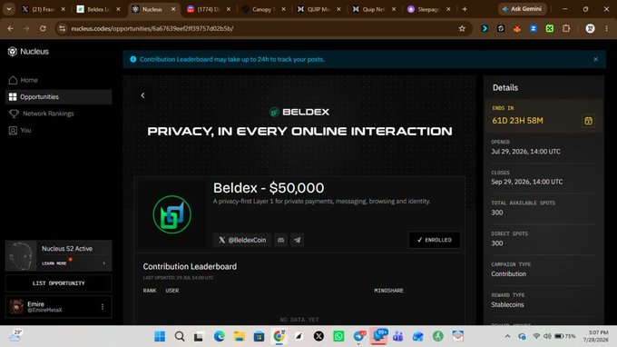 A screenshot of the Nucleus platform showing a Beldex campaign opportunity worth $50,000 with 300 spots available, closing September 29, 2026. The image supports the post by highlighting Beldex's expanded privacy ecosystem beyond just a privacy coin, showcasing the contribution campaign for their Layer 1 private payments, messaging, browsing, and identity platform.