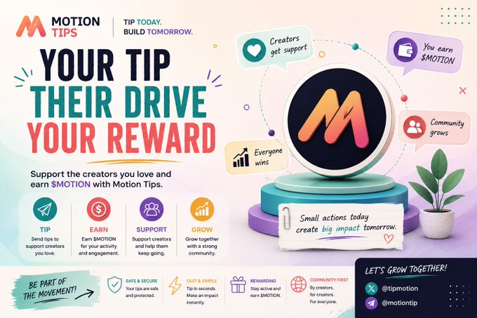 A vibrant promotional graphic for Motion Tips features the headline "YOUR TIP, THEIR DRIVE, YOUR REWARD" and showcases the platform's core benefits—Tip, Earn, Support, and Grow—with icons explaining how users earn $MOTION through creator support, alongside the message "Small actions today create big impact tomorrow" and social handles @tipmotion and @motiontip.