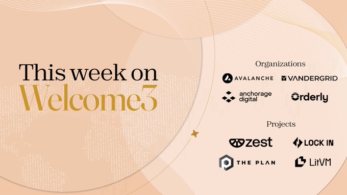A promotional graphic titled 'This week on Welcome3' featuring organizations (Avalanche, Vandergrid, Anchorage Digital, Orderly) and projects (Zest, Lock In, The Plan, LiVN).