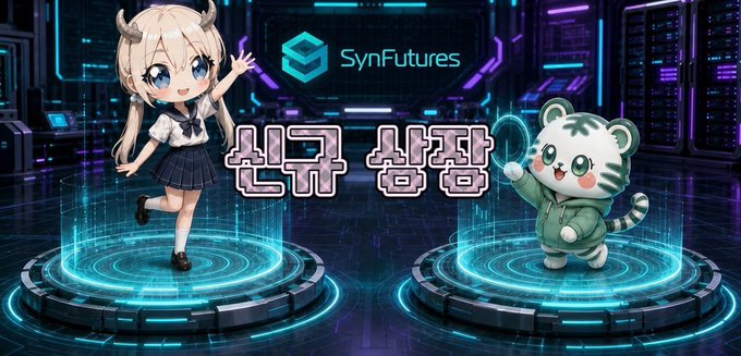 The image features two cute chibi-style characters—a horned blonde girl and a white tiger mascot—both wearing green sweaters and standing on glowing futuristic platforms, with the "SynFutures" logo and Korean text "신규 상장" (meaning "New Listing") displayed prominently in the center. The scene visually represents SynFutures' new RWA (Real World Asset) listings, symbolizing their expansion into trending sectors like AI and quantum computing with an energetic, tech-forward aesthetic.