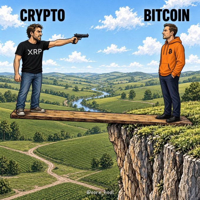A meme illustration showing two men on a wooden plank bridging a cliff, labeled "CRYPTO" and "BITCOIN," where the man representing Crypto (wearing an XRP shirt) points a gun at the man representing Bitcoin (wearing a BTC hoodie) across the gap. The image carries the watermark "@corn_hodl" and depicts the popular XRP vs. Bitcoin rivalry.