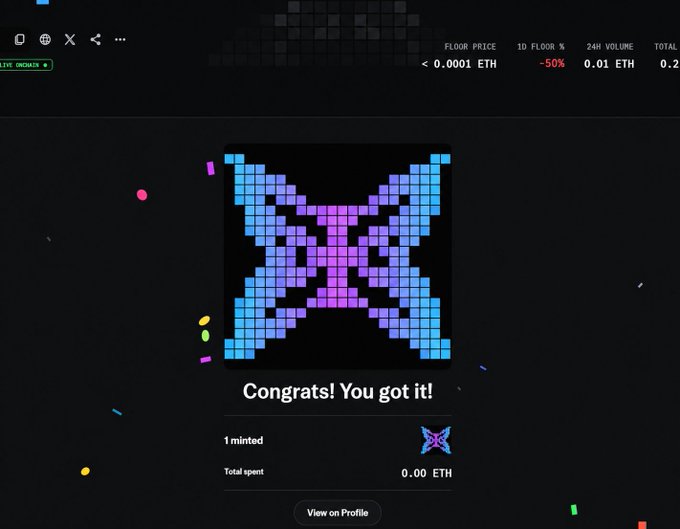A digital art platform screen displays a pixel art butterfly NFT with the text 'Congrats! You got it!' indicating 1 minted for 0.00 ETH.