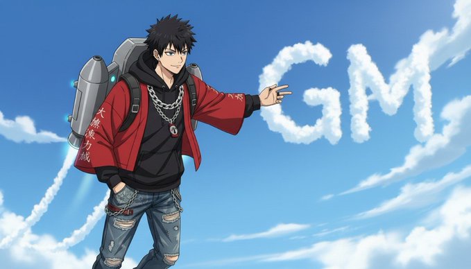 An anime-style character with spiky black hair wears a red jacket, chain necklace, and jetpack, making a peace sign next to 'GM' spelled out in clouds in the sky.