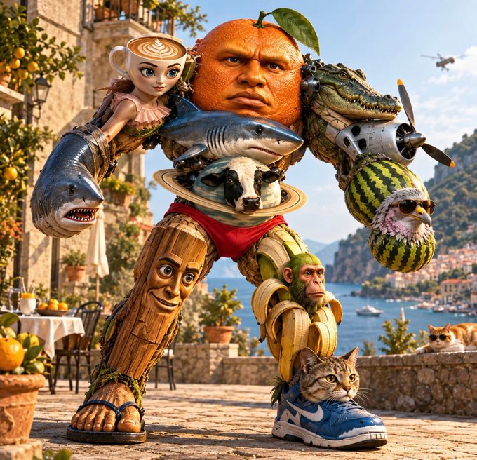 A surreal collage creature stands by a Mediterranean harbor, composed of an orange head, sharks, a crocodile, a watermelon-wearing cat, a wooden log body, a monkey, and a cat inside a blue sneaker.