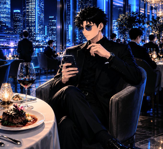 An anime-style man in a black suit and sunglasses sits in a luxurious restaurant holding a phone, with wine and a plated meal on the table before him.