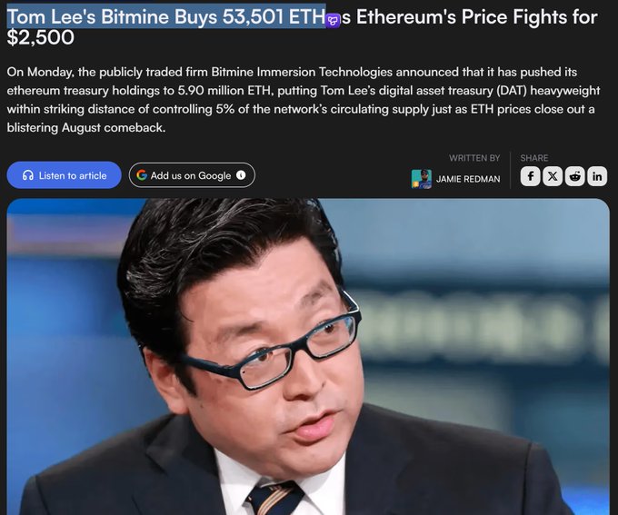 The image shows a news article titled "Tom Lee's Bitmine Buys 53,501 ETH as Ethereum's Price Fights for $2,500," featuring a photo of Tom Lee in glasses and a dark suit. The accompanying post confirms Bitmine Immersion Technologies' weekly Ethereum acquisitions, bringing holdings to 5.90 million ETH since launching its ETH treasury strategy on June 30, 2025, while also holding 211 BTC valued at $16.4 million.