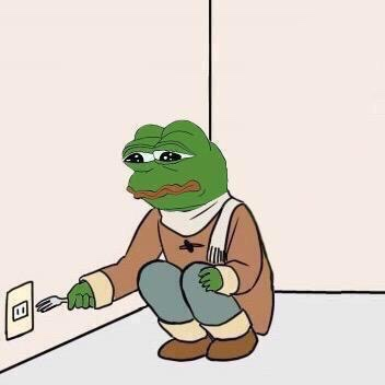 A sad-looking Pepe the Frog crouches in a corner attempting to plug an electrical cord into an outlet with a fork, captioned with the text "@" on the wall — symbolizing the poster's regret and frustration over missing out on Cloudflare (NET) stock gains because Claude refused to give investment advice.