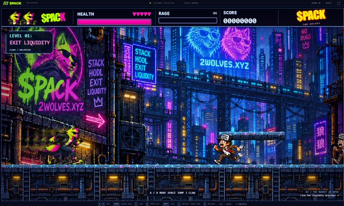 A retro arcade-style game screen titled "$PACK" with neon cyberpunk aesthetics, featuring pixel art, "STACK HODL EXIT LIQUIDITY," "2WOLVES.XYZ," and "LEVEL 01: EXIT LIQUIDITY."