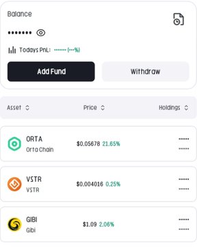 A mobile app screenshot displaying a balance, with assets listed including ORTA (Orta Chain) at $0.05678, VSTR (VSTR) at $0.004016, and GIBI (Gibi) at $1.09.