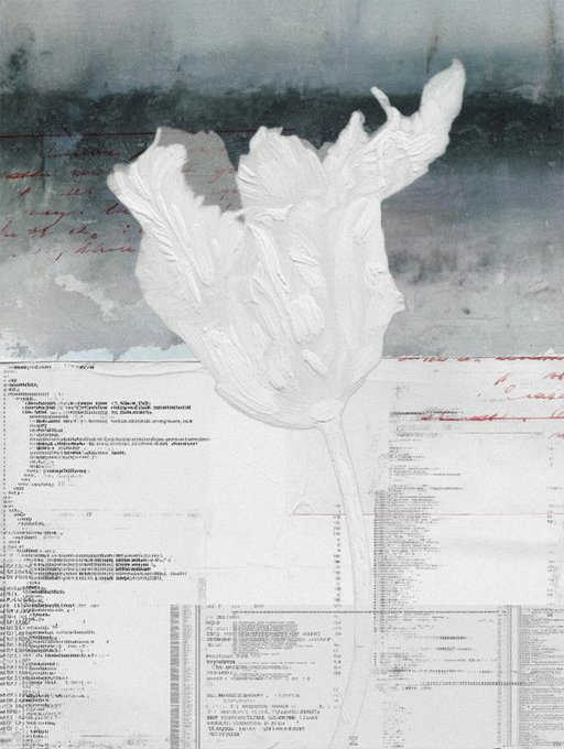 An abstract mixed-media artwork featuring a white sculptural floral form layered over faded handwritten red text and printed document pages.