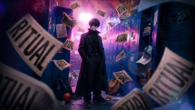 An anime-style illustration depicts a dark-haired character in a black trench coat standing in a neon-lit locker room, surrounded by floating papers bearing the word 'RITUAL'.