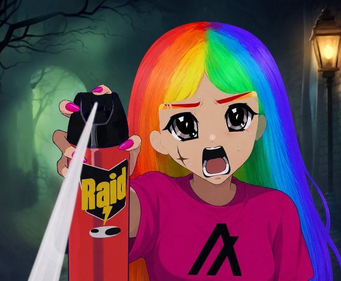 Anime-style illustration of a girl with rainbow hair holding a red can of Raid insecticide, looking angry, with a dark forest background.