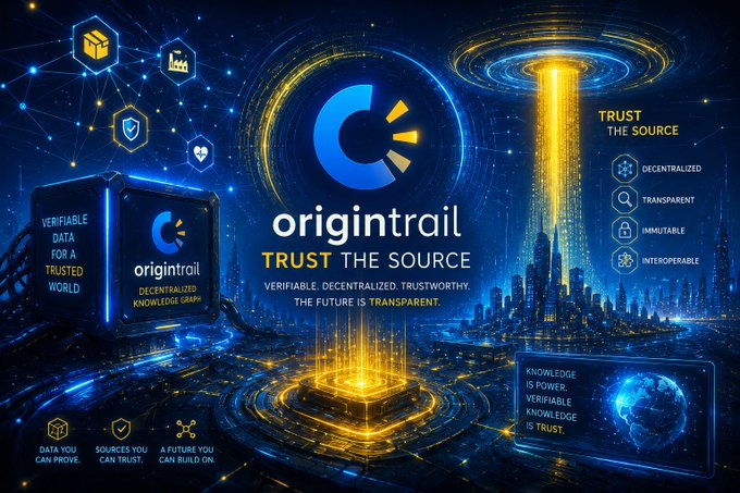 A promotional graphic for OriginTrail featuring the tagline 'TRUST THE SOURCE' alongside features like 'DECENTRALIZED,' 'TRANSPARENT,' and 'IMMUTABLE,' with text 'VERIFIABLE. DECENTRALIZED. TRUSTWORTHY. THE FUTURE IS TRANSPARENT.'