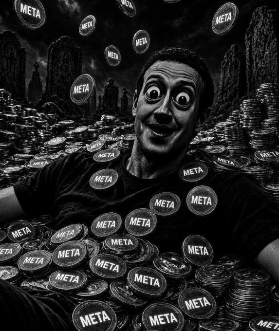 A black-and-white distorted image of Mark Zuckerberg wide-eyed and grinning, surrounded by coins labeled 'META' falling from a dark cityscape.