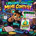 The image shows a promotional banner for "Recovery Coin" featuring a detective bear mascot with a new launch announcement, including a 4% tax and contract address, promoting $RCVRY as a new meme coin meta.