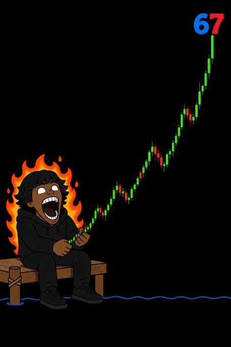 A cartoon illustration of a person sitting on a bench engulfed in flames, holding a green candlestick chart that shows a price surge to 67, referencing a meme-style stock rally.
