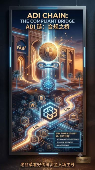 A futuristic promotional poster for "ADI CHAIN: THE COMPLIANT BRIDGE" featuring crypto token utility details and Chinese text translating to "合规之桥" (Compliant Bridge), with additional text about SADI token utility including network access, ecosystem settlement, and validator staking.