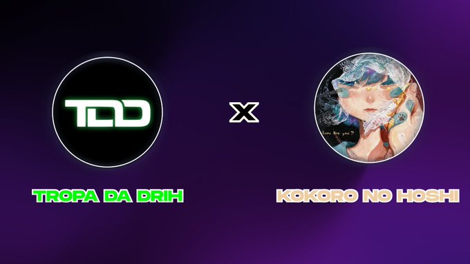 A collaboration announcement graphic featuring the "Tropa da Drih" (TDD) logo on the left and the "Kokoro No Hoshi" anime-style artwork on the right, separated by an "x" symbol on a purple gradient background, promoting their NFT partnership.