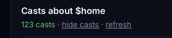 A screenshot of a digital interface displays the heading 'Casts about $home' in white text on a dark background, with '123 casts' shown in green next to 'hide casts' and 'refresh' link options.