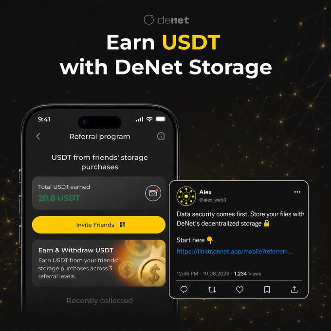DeNet Storage referral program promotional graphic showing a mobile app interface displaying 20.8 USDT earned from friends' storage purchases, alongside a tweet from @alex_web3 promoting DeNet's decentralized storage with a referral link. The image illustrates the multi-level referral system where users can earn USDT (with $0.20 per referral as highlighted in the post) by sharing their unique referral link to capitalize on growing demand for secure, decentralized storage.