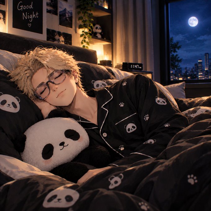 An anime-style illustration of a young man with blond hair and glasses sleeping peacefully in bed, cuddling a panda plush toy while wearing panda-patterned pajamas.