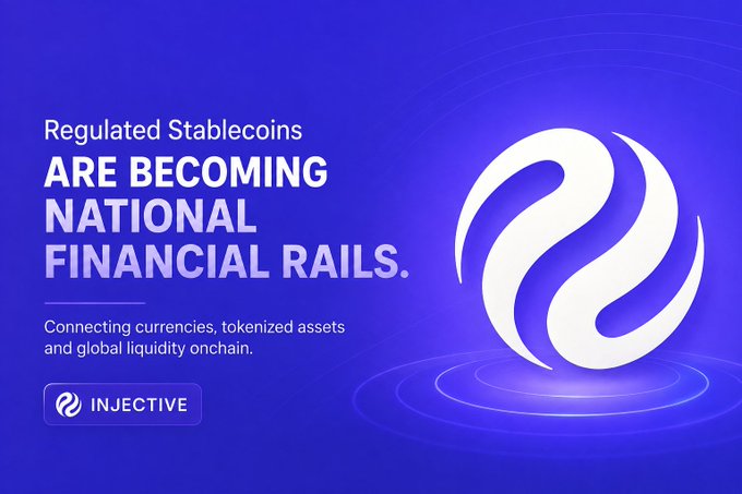A blue promotional graphic for Injective featuring text that reads 'Regulated Stablecoins ARE BECOMING NATIONAL FINANCIAL RAILS.'