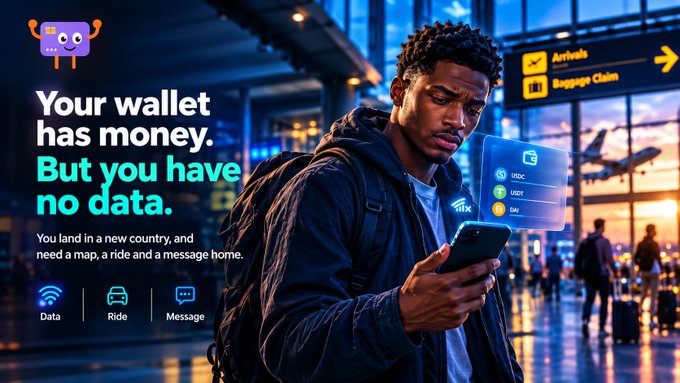 An advertisement for a travel eSIM service showing a man at an airport looking at his phone, with text reading "Your wallet has money. But you have no data." and options for Data, Ride, and Message.