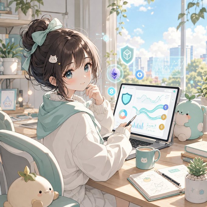 An anime-style illustration depicts a young woman with a mint green bow working at a laptop displaying analytics charts, surrounded by cute plushies and plants in a bright, modern room with a city view.