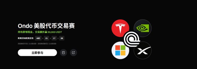 Promotional banner for the 'Ondo 美股代币交易赛' (Ondo US Stock Token Trading Competition), offering a $50,000 USDT prize pool to participants holding tokens, with logos for Tesla, NVIDIA, Microsoft, Ondo, and XRP.