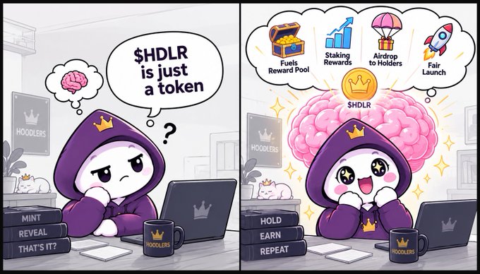 A two-panel cartoon featuring a character in a purple hoodie, with the left panel showing '$HDLR is just a token' and the right panel illustrating benefits like 'Fuels Reward Pool', 'Staking Rewards', 'Airdrop to Holders', and 'Fair Launch'.
